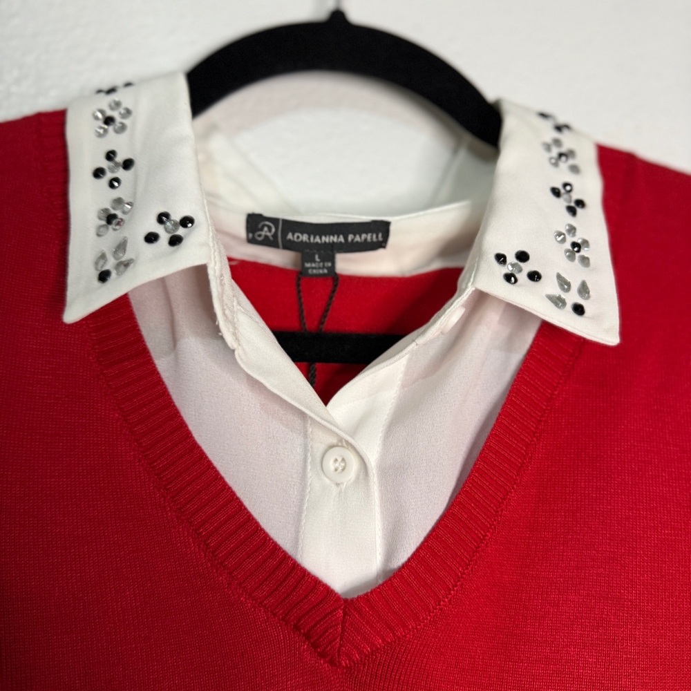 Adrianna Papell Red V-Neck Layered Sweater with White Shirt Detail - Picture 2 of 9